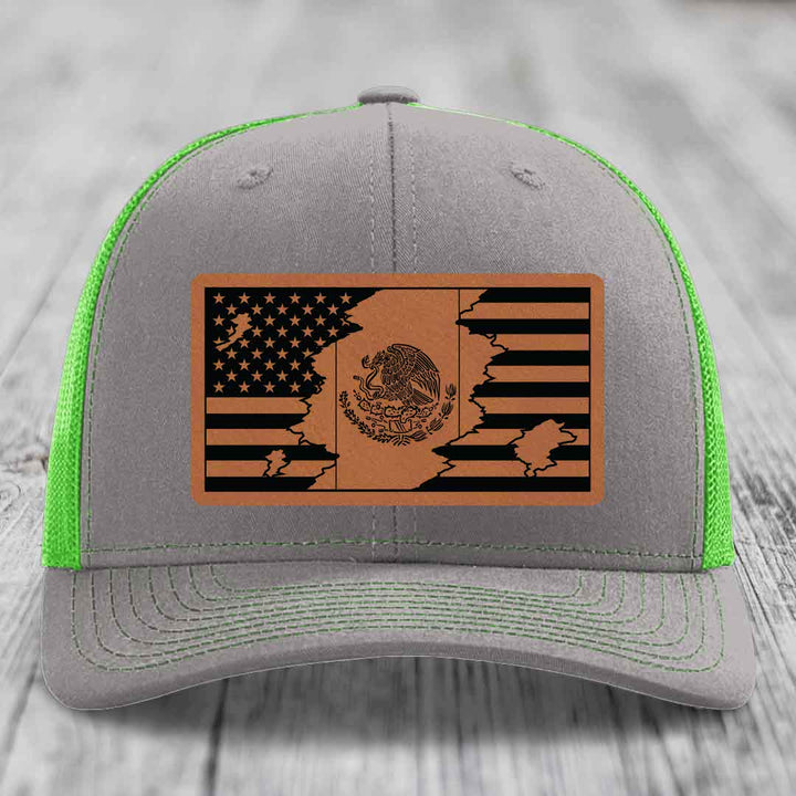 American Mexican Flag - Leather Patch Hat - Rawhide to Black Patch - Richardson 112 Snapback Trucker Hat