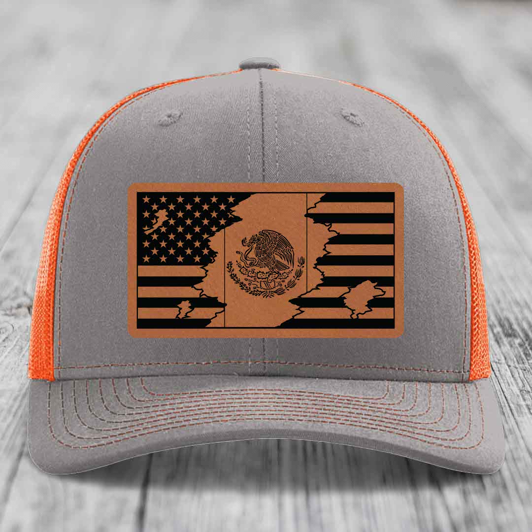 American Mexican Flag - Leather Patch Hat - Rawhide to Black Patch - Richardson 112 Snapback Trucker Hat