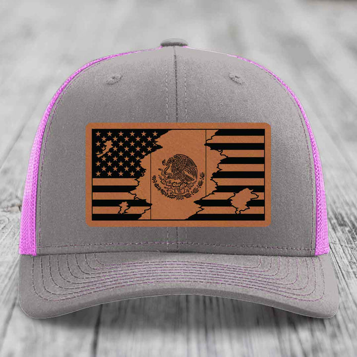 American Mexican Flag - Leather Patch Hat - Rawhide to Black Patch - Richardson 112 Snapback Trucker Hat
