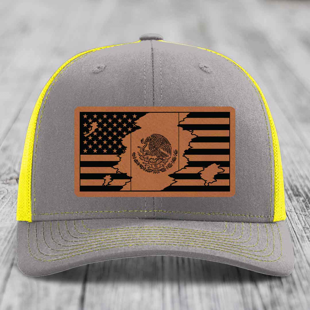 American Mexican Flag - Leather Patch Hat - Rawhide to Black Patch - Richardson 112 Snapback Trucker Hat