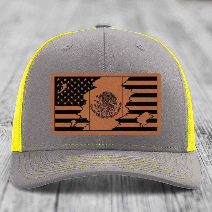 American Mexican Flag - Leather Patch Hat - Rawhide to Black Patch - Richardson 112 Snapback Trucker Hat