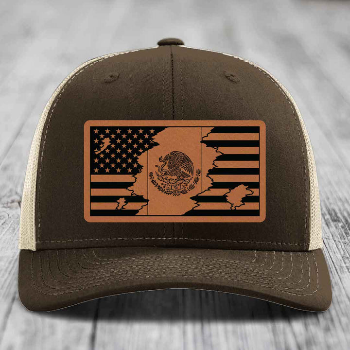 American Mexican Flag - Leather Patch Hat - Rawhide to Black Patch - Richardson 112 Snapback Trucker Hat