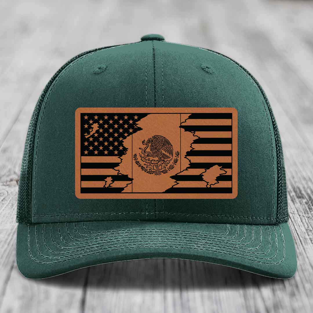 American Mexican Flag - Leather Patch Hat - Rawhide to Black Patch - Richardson 112 Snapback Trucker Hat