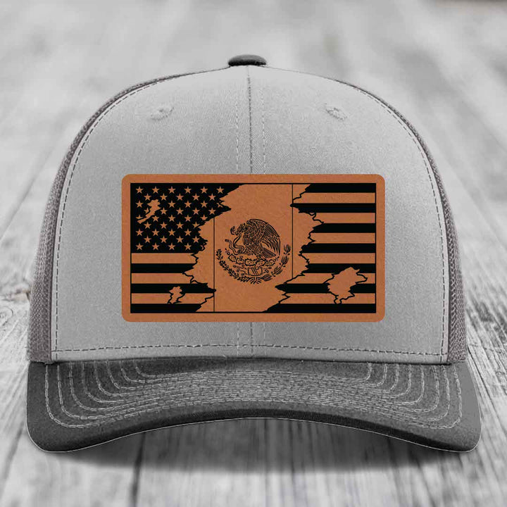 American Mexican Flag - Leather Patch Hat - Rawhide to Black Patch - Richardson 112 Snapback Trucker Hat
