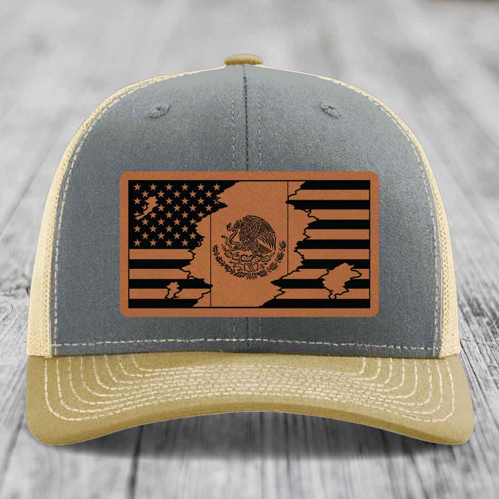 American Mexican Flag - Leather Patch Hat - Rawhide to Black Patch - Richardson 112 Snapback Trucker Hat