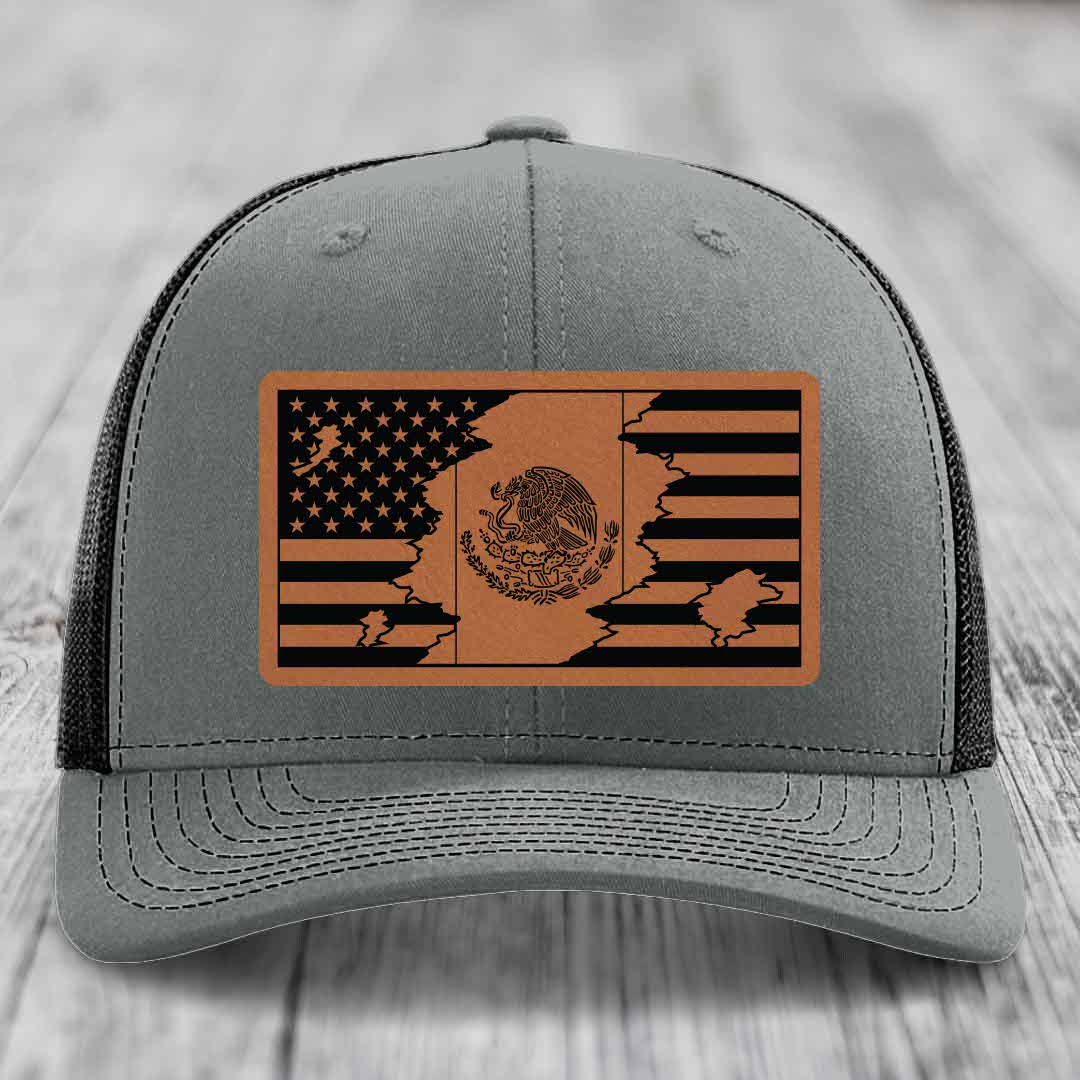 American Mexican Flag - Leather Patch Hat - Rawhide to Black Patch - Richardson 112 Snapback Trucker Hat