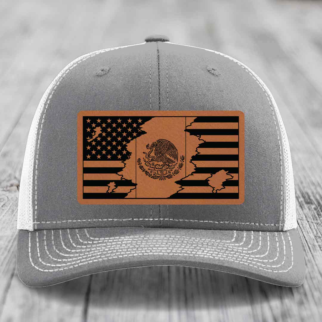 American Mexican Flag - Leather Patch Hat - Rawhide to Black Patch - Richardson 112 Snapback Trucker Hat