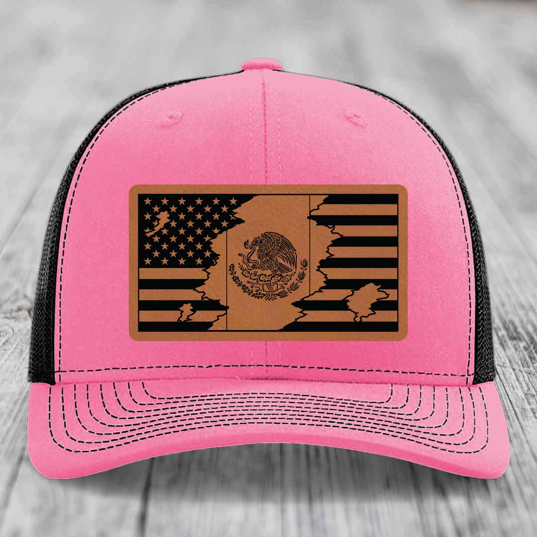American Mexican Flag - Leather Patch Hat - Rawhide to Black Patch - Richardson 112 Snapback Trucker Hat
