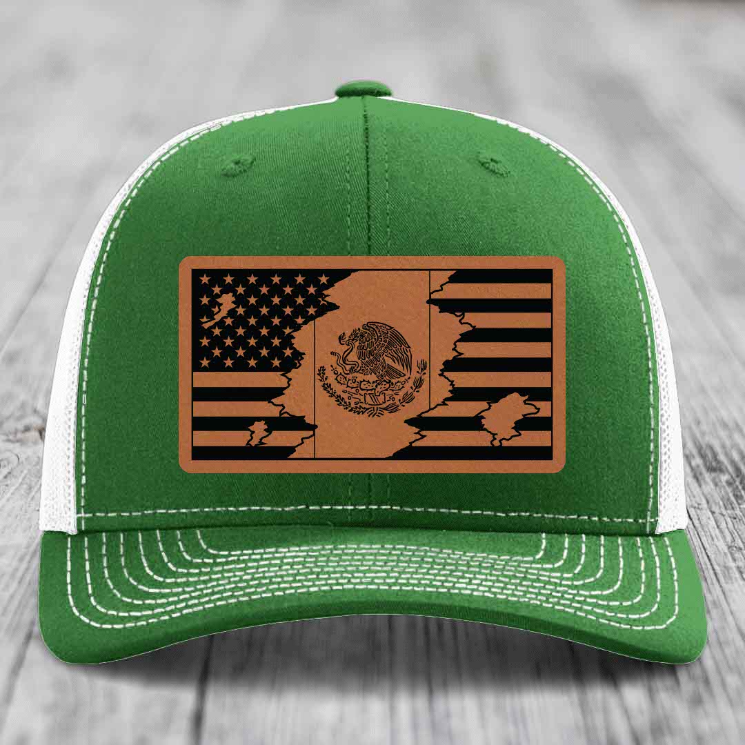 American Mexican Flag - Leather Patch Hat - Rawhide to Black Patch - Richardson 112 Snapback Trucker Hat