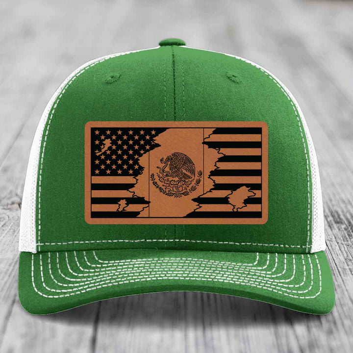 American Mexican Flag - Leather Patch Hat - Rawhide to Black Patch - Richardson 112 Snapback Trucker Hat