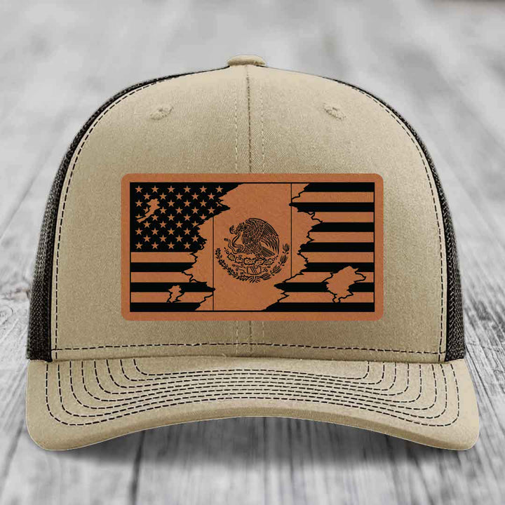 American Mexican Flag - Leather Patch Hat - Rawhide to Black Patch - Richardson 112 Snapback Trucker Hat