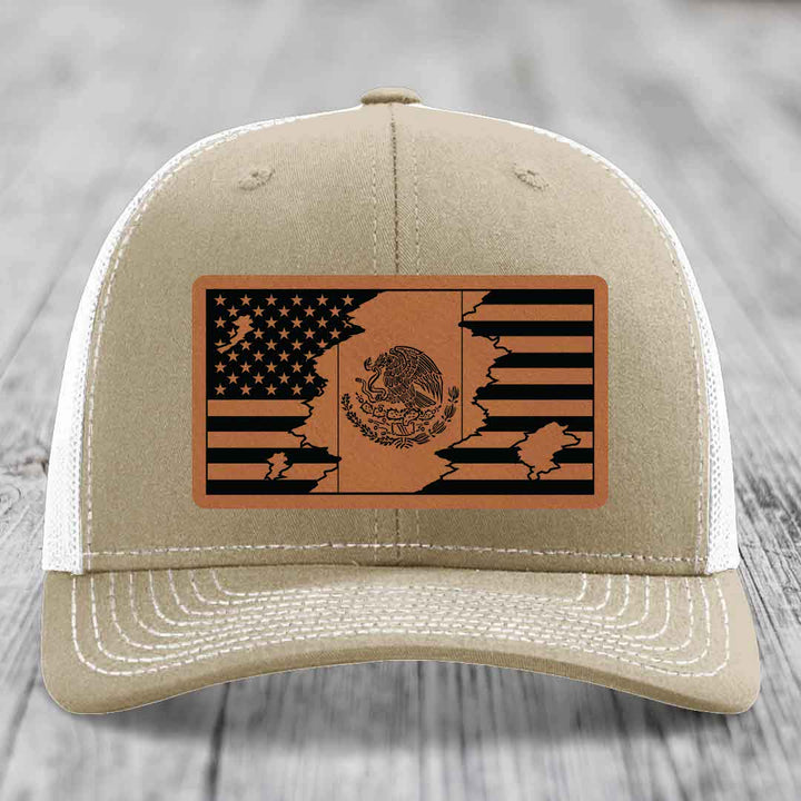 American Mexican Flag - Leather Patch Hat - Rawhide to Black Patch - Richardson 112 Snapback Trucker Hat