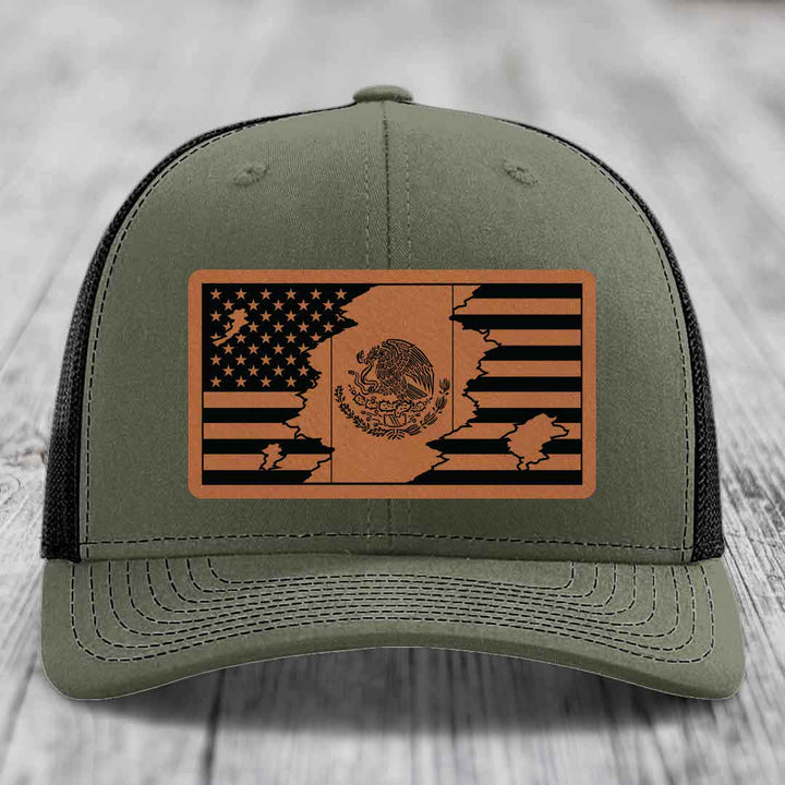 American Mexican Flag - Leather Patch Hat - Rawhide to Black Patch - Richardson 112 Snapback Trucker Hat