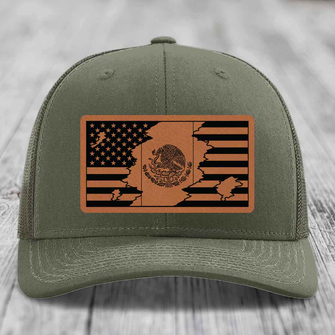 American Mexican Flag - Leather Patch Hat - Rawhide to Black Patch - Richardson 112 Snapback Trucker Hat