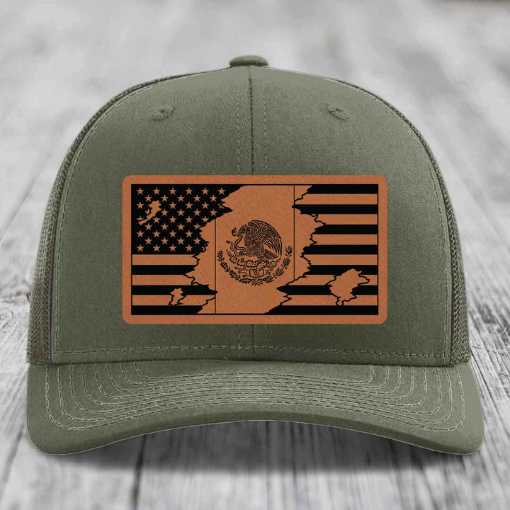 American Mexican Flag - Leather Patch Hat - Rawhide to Black Patch - Richardson 112 Snapback Trucker Hat