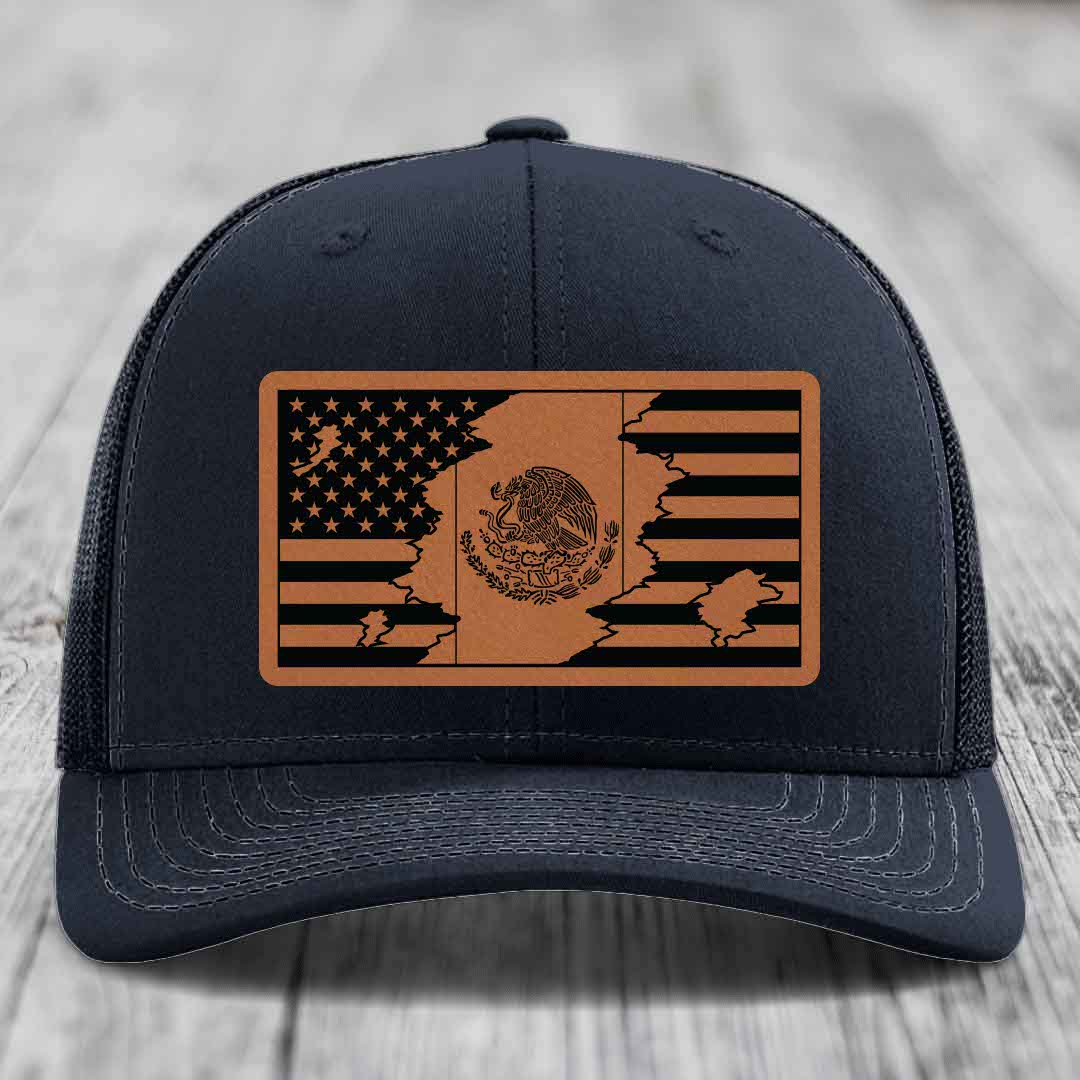 American Mexican Flag - Leather Patch Hat - Rawhide to Black Patch - Richardson 112 Snapback Trucker Hat