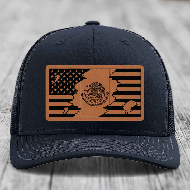 American Mexican Flag - Leather Patch Hat - Rawhide to Black Patch - Richardson 112 Snapback Trucker Hat
