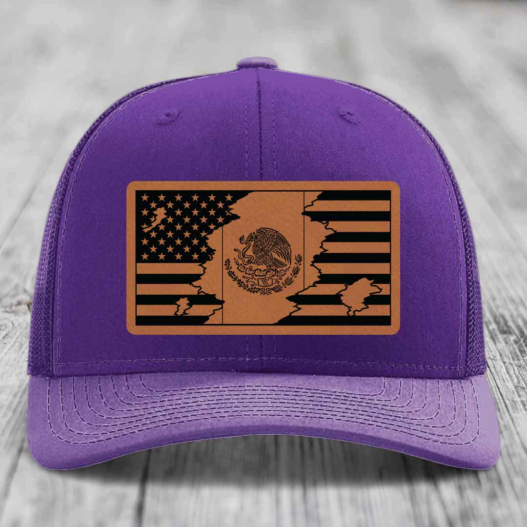American Mexican Flag - Leather Patch Hat - Rawhide to Black Patch - Richardson 112 Snapback Trucker Hat