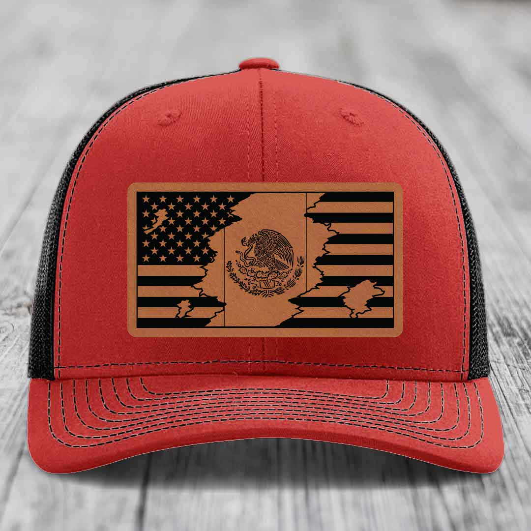 American Mexican Flag - Leather Patch Hat - Rawhide to Black Patch - Richardson 112 Snapback Trucker Hat