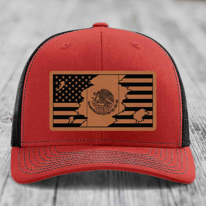 American Mexican Flag - Leather Patch Hat - Rawhide to Black Patch - Richardson 112 Snapback Trucker Hat