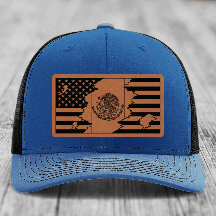 American Mexican Flag - Leather Patch Hat - Rawhide to Black Patch - Richardson 112 Snapback Trucker Hat