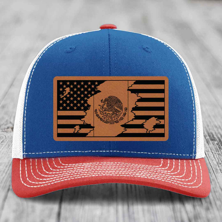 American Mexican Flag - Leather Patch Hat - Rawhide to Black Patch - Richardson 112 Snapback Trucker Hat