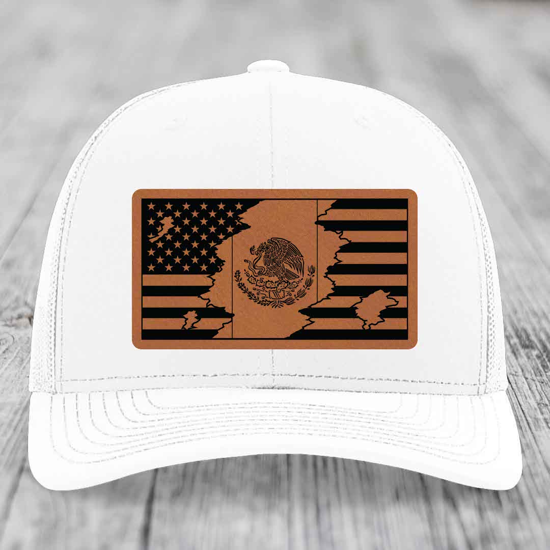 American Mexican Flag - Leather Patch Hat - Rawhide to Black Patch - Richardson 112 Snapback Trucker Hat