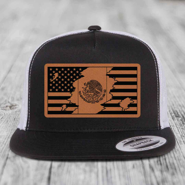 American Mexican Flag - Leather Patch Hat - Rawhide to Black Patch - Yupoong 6006 Snapback Flatbill Hat
