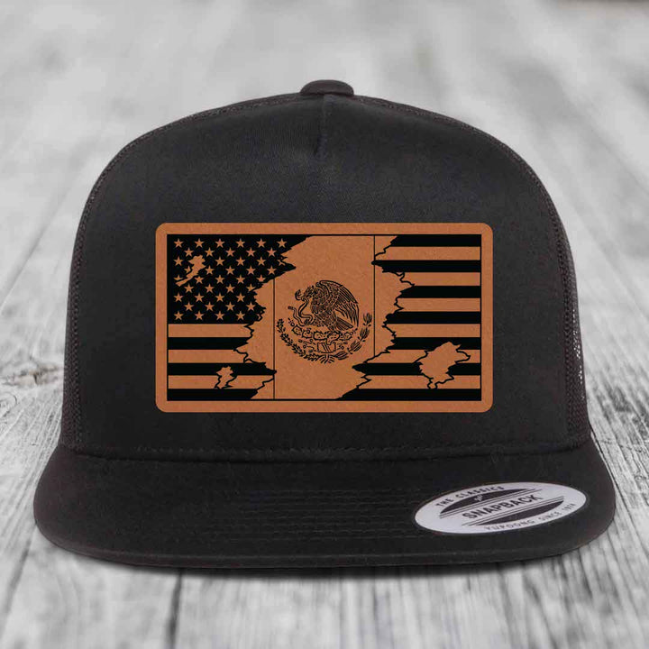 American Mexican Flag - Leather Patch Hat - Rawhide to Black Patch - Yupoong 6006 Snapback Flatbill Hat