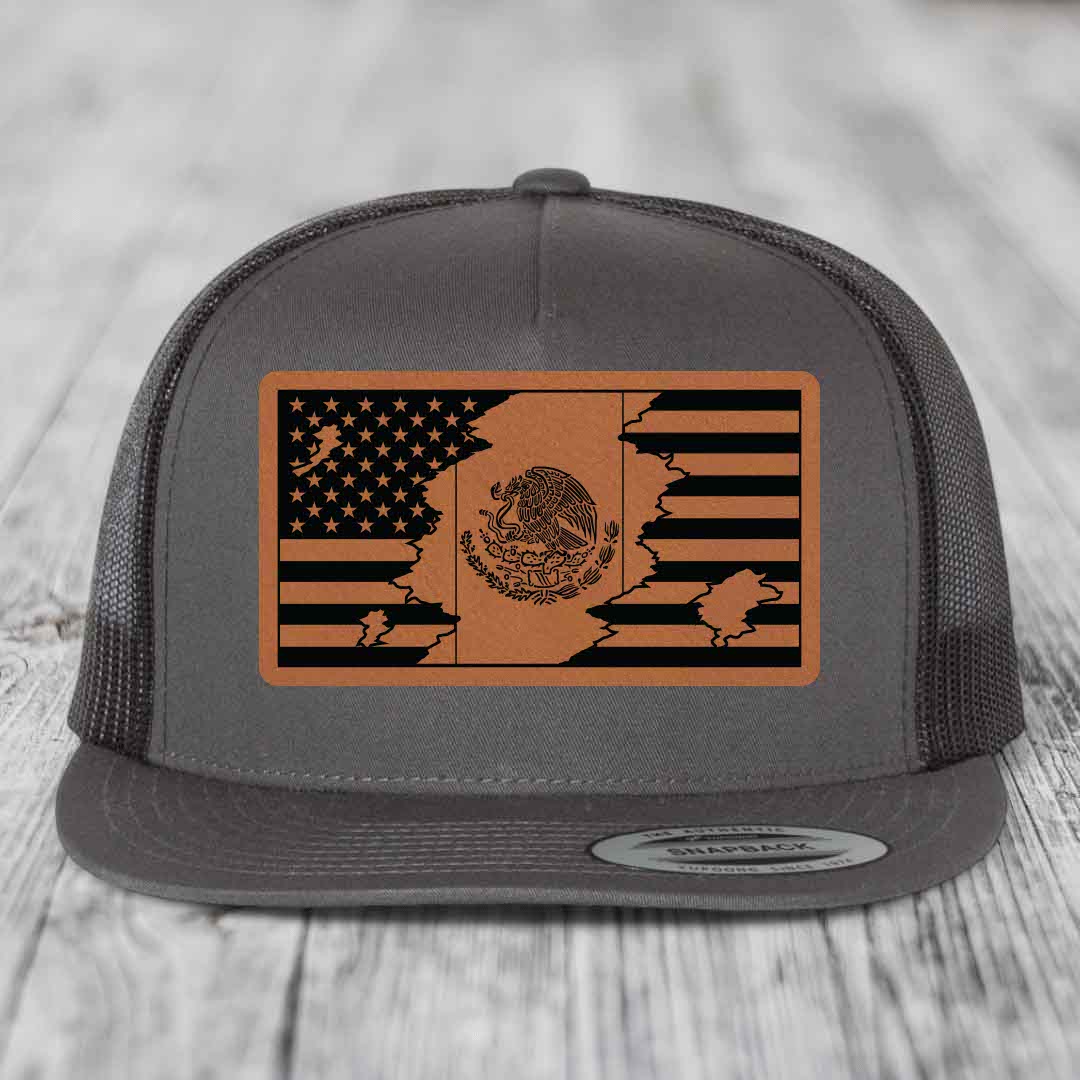American Mexican Flag - Leather Patch Hat - Rawhide to Black Patch - Yupoong 6006 Snapback Flatbill Hat