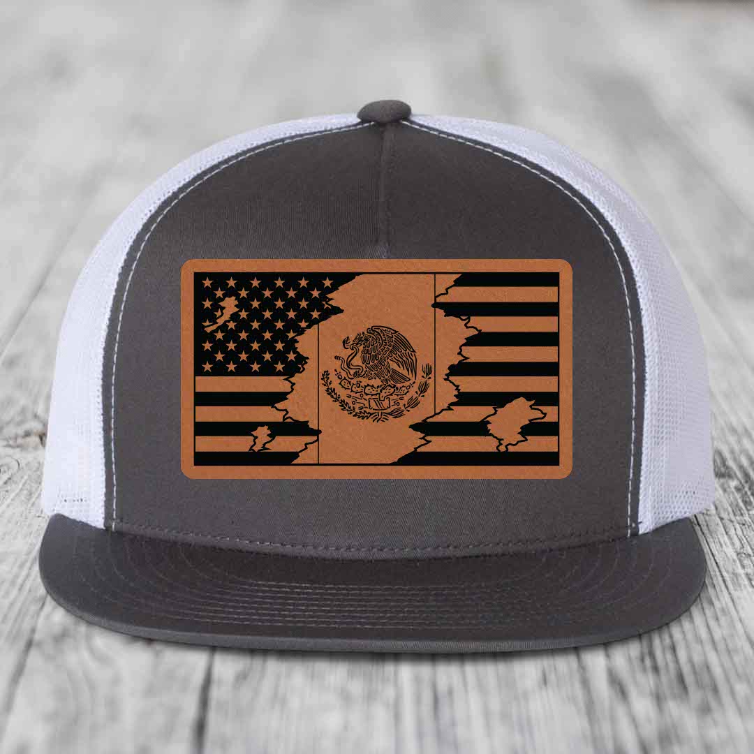 American Mexican Flag - Leather Patch Hat - Rawhide to Black Patch - Yupoong 6006 Snapback Flatbill Hat