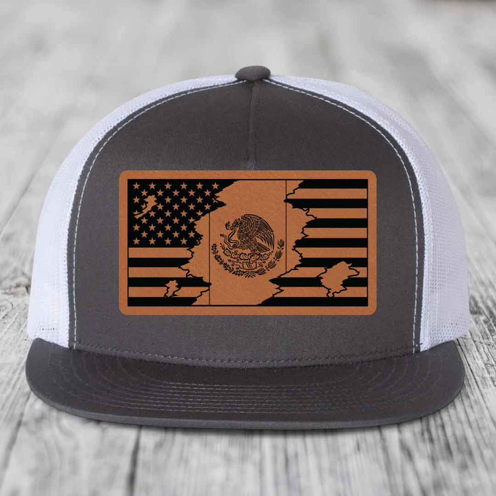 American Mexican Flag - Leather Patch Hat - Rawhide to Black Patch - Yupoong 6006 Snapback Flatbill Hat