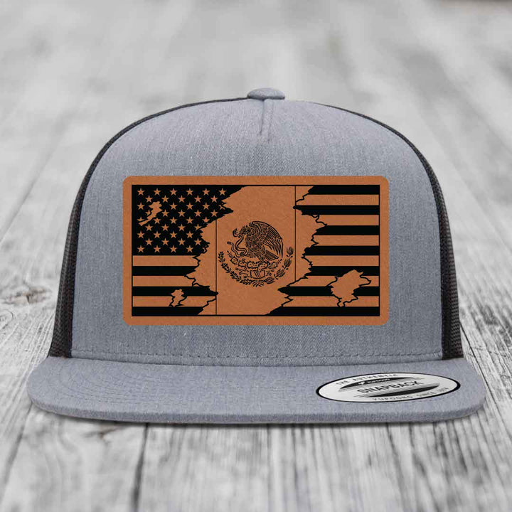 American Mexican Flag - Leather Patch Hat - Rawhide to Black Patch - Yupoong 6006 Snapback Flatbill Hat