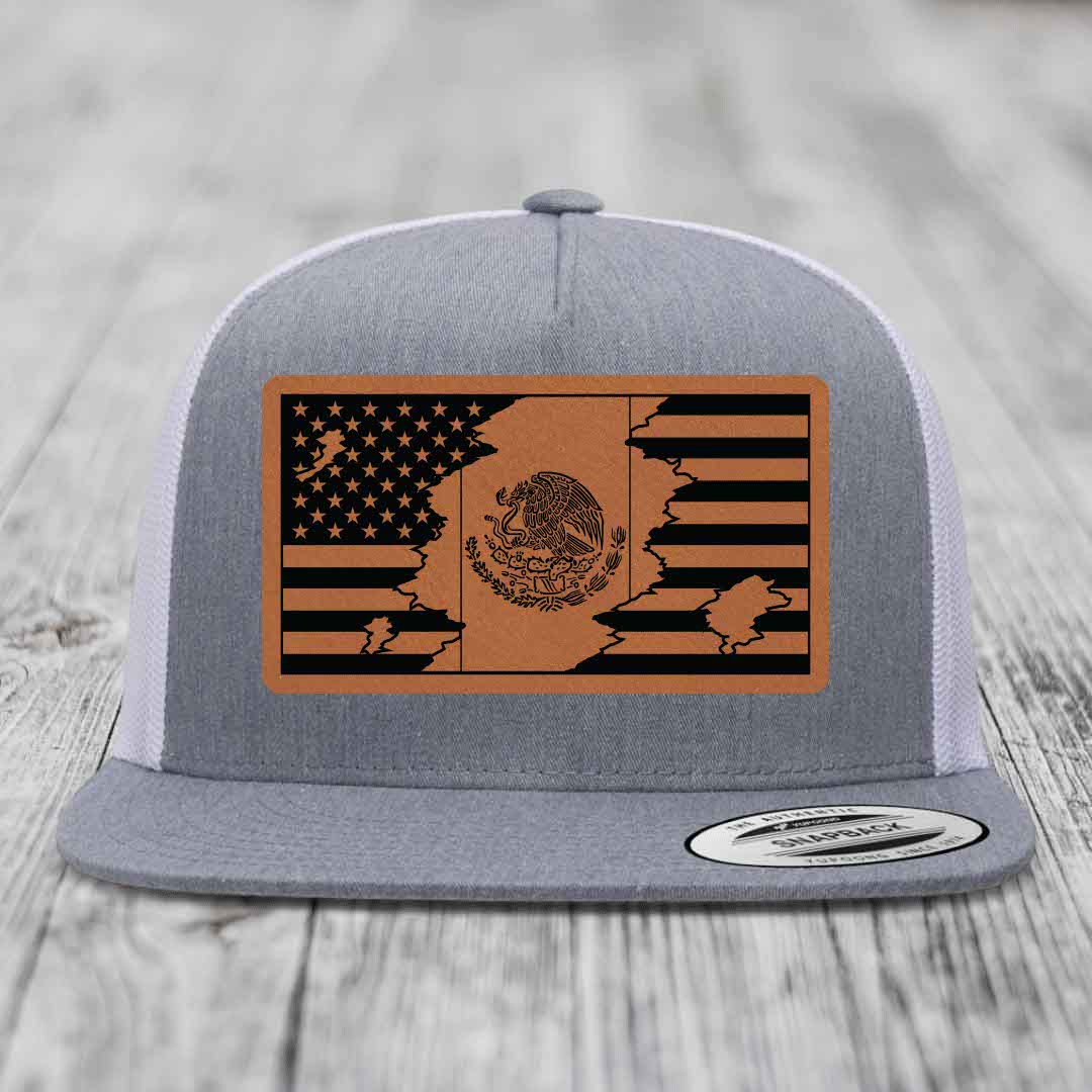 American Mexican Flag - Leather Patch Hat - Rawhide to Black Patch - Yupoong 6006 Snapback Flatbill Hat