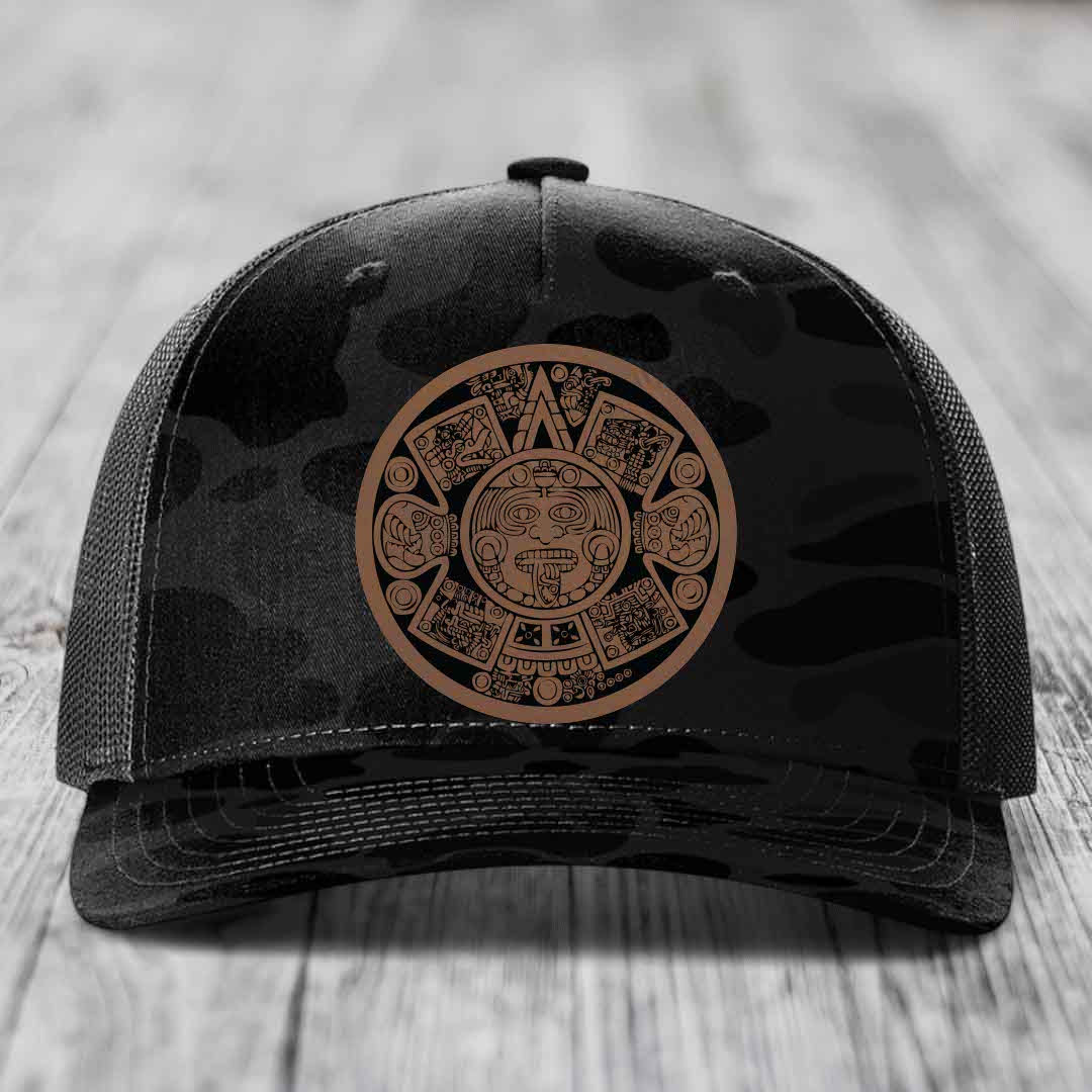 Aztec Calendar - Leather Patch Hat - Dark Brown to Black Patch - Richardson 112PFP Snapback Trucker Hat