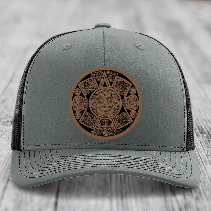 Aztec Calendar - Leather Patch Hat - Dark Brown to Black Patch - Richardson 112 Snapback Trucker Hat