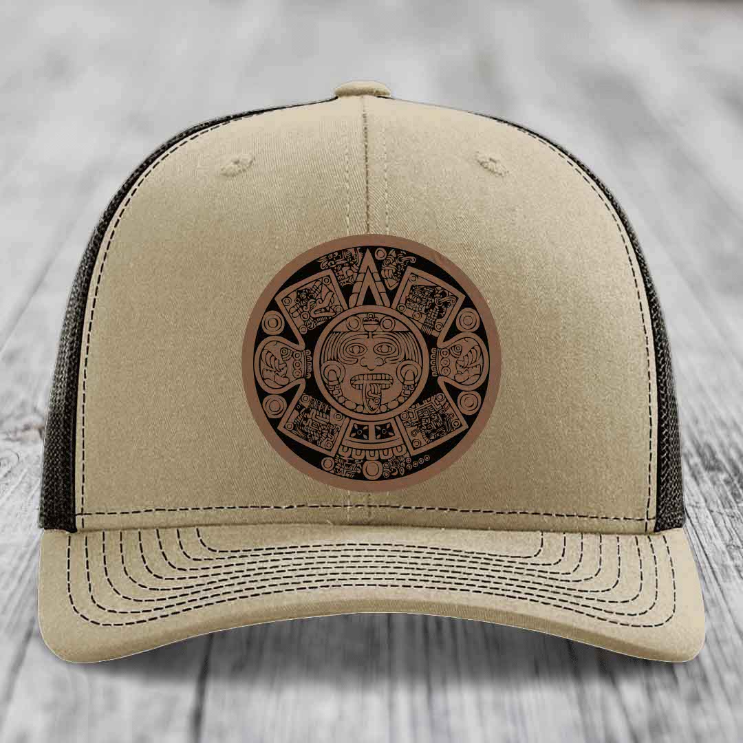 Aztec Calendar - Leather Patch Hat - Dark Brown to Black Patch - Richardson 112 Snapback Trucker Hat