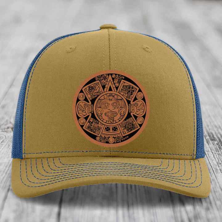 Aztec Calendar - Leather Patch Hat - Rawhide to Black Patch - Richardson 112 Snapback Trucker Hat