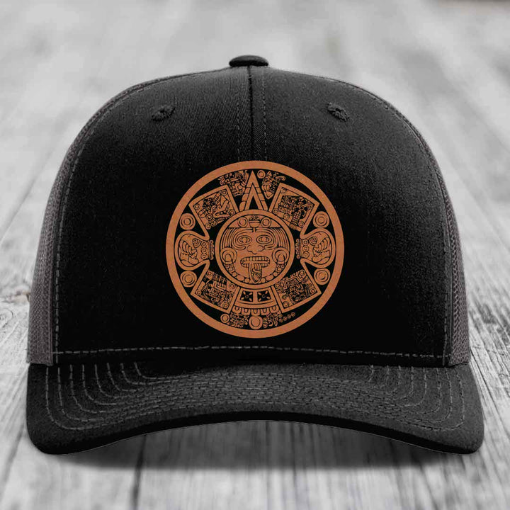 Aztec Calendar - Leather Patch Hat - Rawhide to Black Patch - Richardson 112 Snapback Trucker Hat