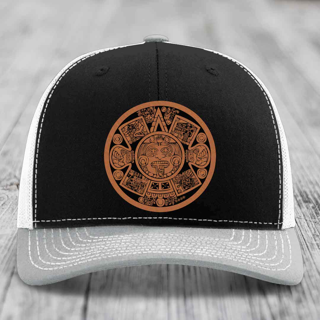 Aztec Calendar - Leather Patch Hat - Rawhide to Black Patch - Richardson 112 Snapback Trucker Hat