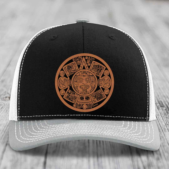 Aztec Calendar - Leather Patch Hat - Rawhide to Black Patch - Richardson 112 Snapback Trucker Hat