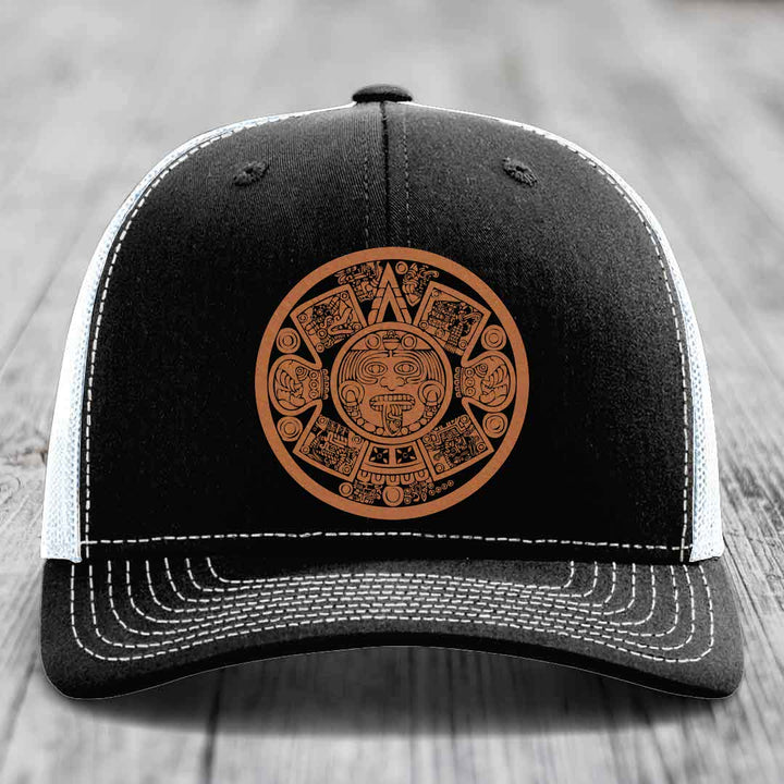 Aztec Calendar - Leather Patch Hat - Rawhide to Black Patch - Richardson 112 Snapback Trucker Hat