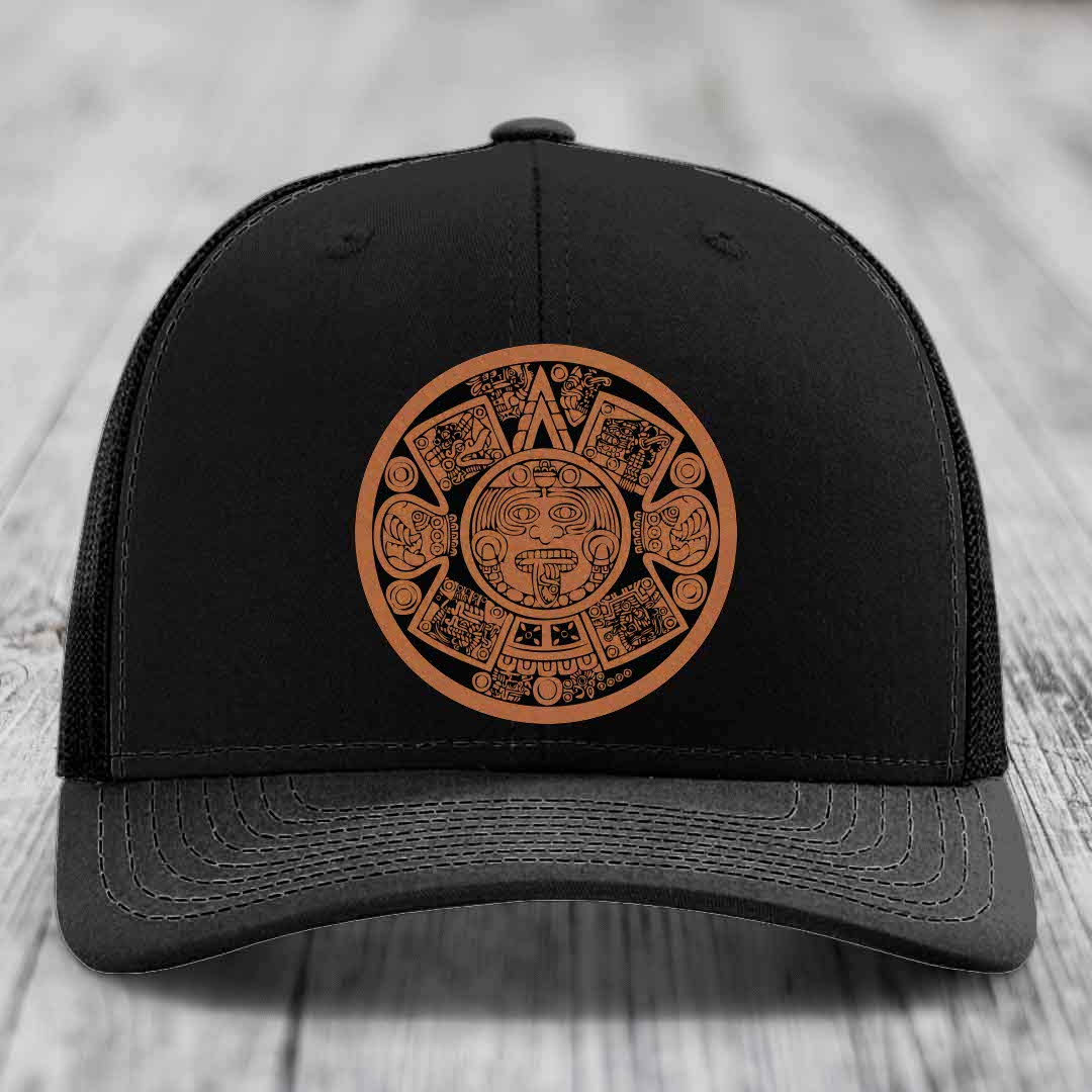 Aztec Calendar - Leather Patch Hat - Rawhide to Black Patch - Richardson 112 Snapback Trucker Hat
