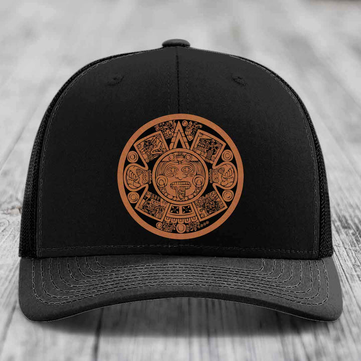 Aztec Calendar - Leather Patch Hat - Rawhide to Black Patch - Richardson 112 Snapback Trucker Hat