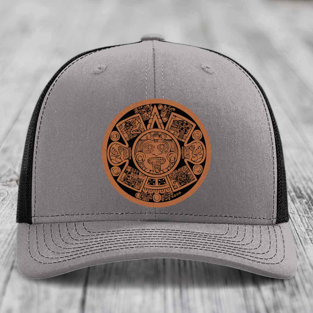 Aztec Calendar - Leather Patch Hat - Rawhide to Black Patch - Richardson 112 Snapback Trucker Hat