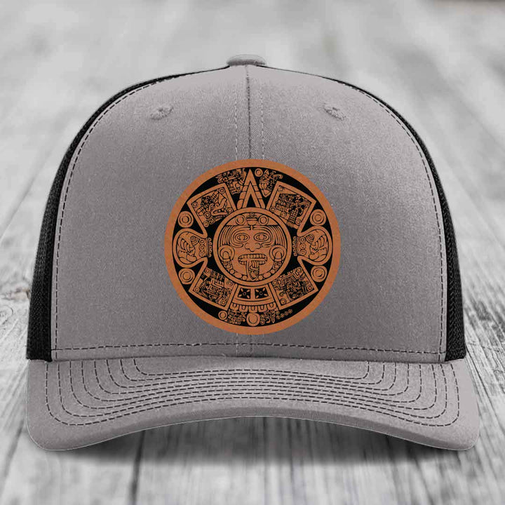 Aztec Calendar - Leather Patch Hat - Rawhide to Black Patch - Richardson 112 Snapback Trucker Hat