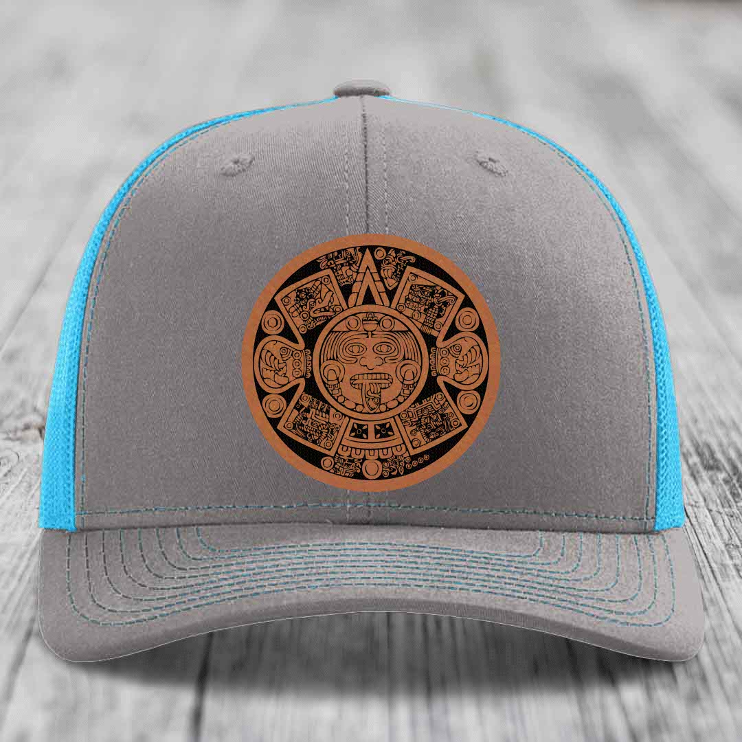 Aztec Calendar - Leather Patch Hat - Rawhide to Black Patch - Richardson 112 Snapback Trucker Hat
