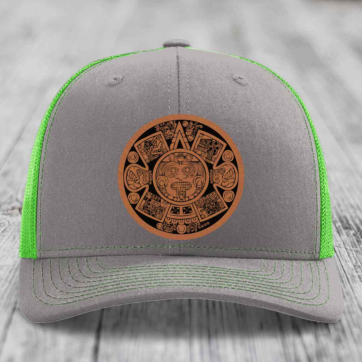 Aztec Calendar - Leather Patch Hat - Rawhide to Black Patch - Richardson 112 Snapback Trucker Hat