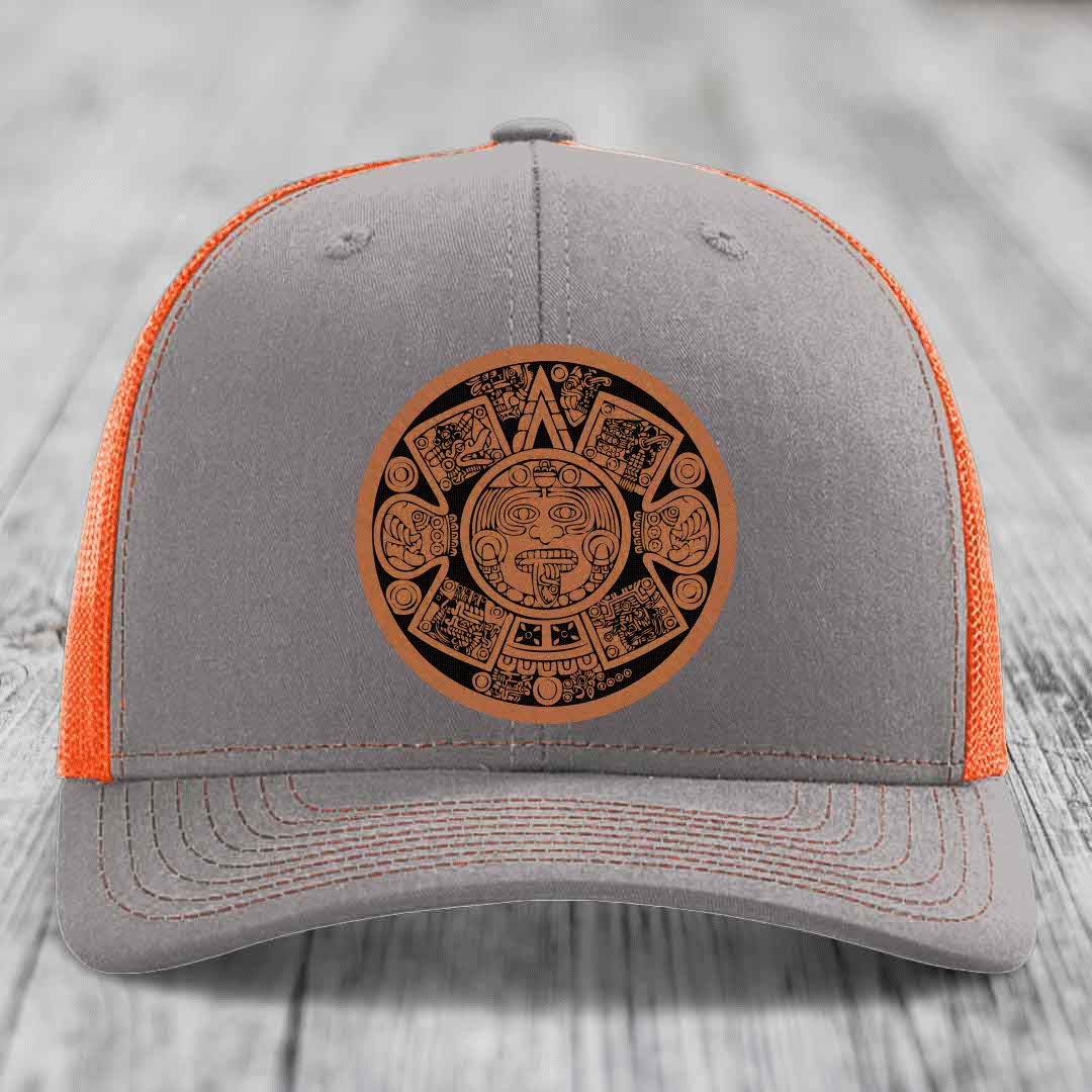 Aztec Calendar - Leather Patch Hat - Rawhide to Black Patch - Richardson 112 Snapback Trucker Hat
