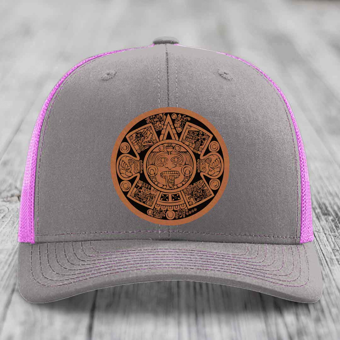 Aztec Calendar - Leather Patch Hat - Rawhide to Black Patch - Richardson 112 Snapback Trucker Hat